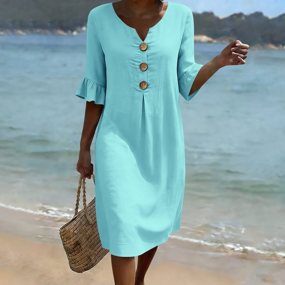 Guieoi Womens Dresses Plus Size Short-Sleeve Ruffled-Sleeve Casual V-Neck Button-Down Loose-Fit Dress with Pockets Beige XL Blue L