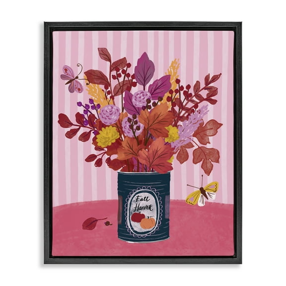 Stupell Industries Fall Bouquet on Stripes Plants & Flowers Painting Black Floater Framed Canvas Art Print Wall Art, 17 x 21