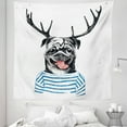 thumbnail image 1 of Pug Tapestry, Hipster Dog with Antlers Hand Drawn Surreal Funny Illustration Happy Pug Image, Fabric Wall Hanging Decor for Bedroom Living Room Dorm, 5 Sizes, Black Blue White, by Ambesonne, 1 of 1