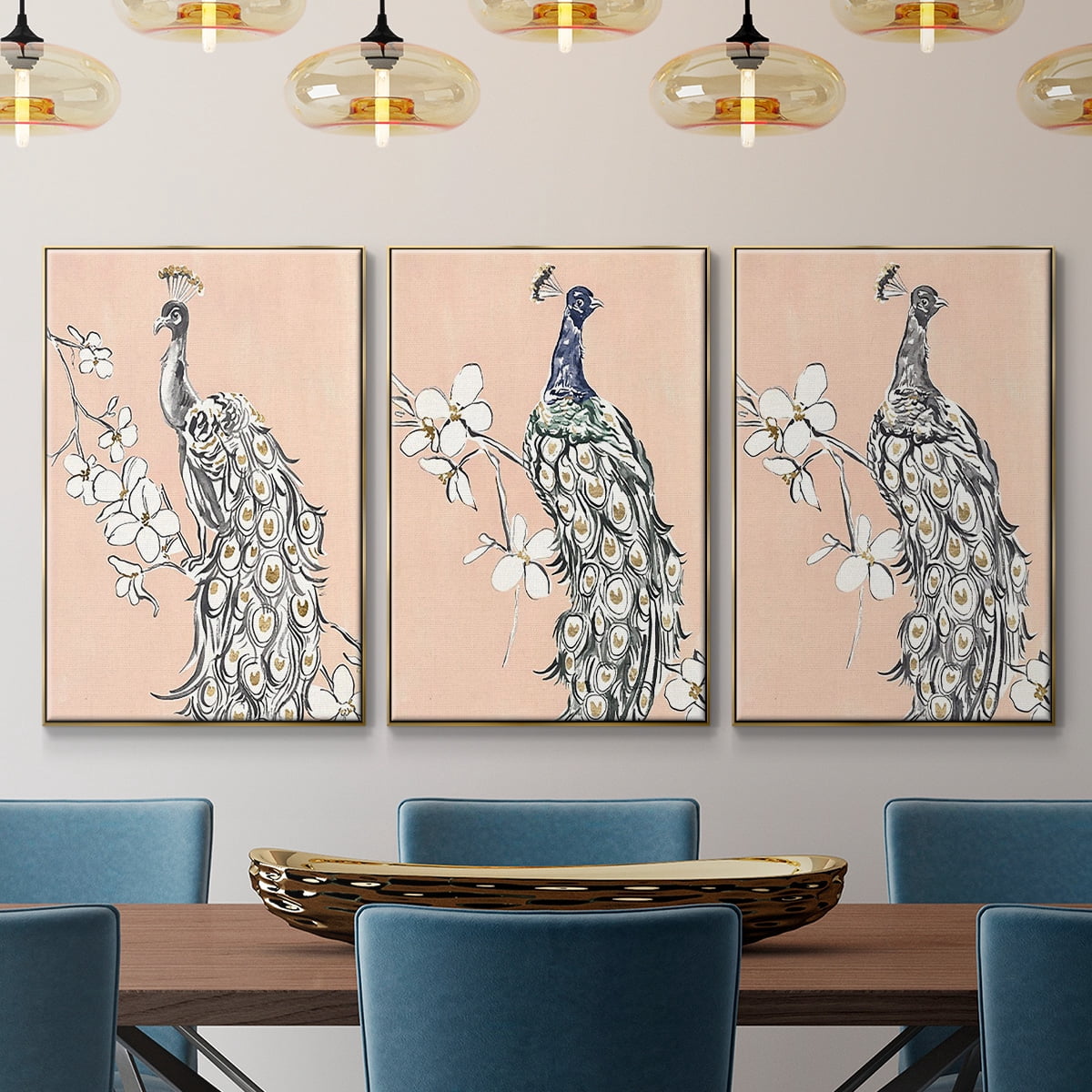 Peacock in Gold I - Framed Premium Gallery Wrapped Canvas L Frame 3 Piece Set - Ready to Hang
