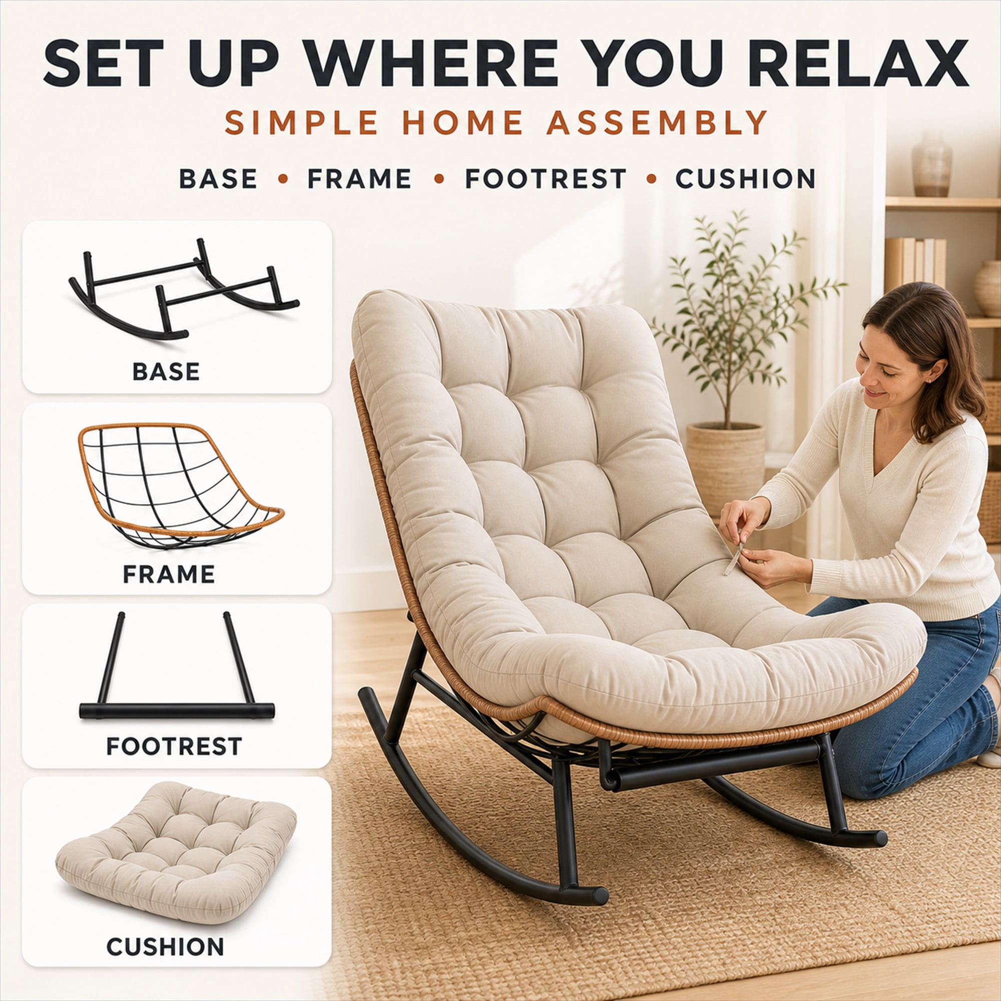 CLOUDREST PRO Outdoor Papasan Rocking Chair with Retractable Footrest, Oversized Wicker Patio Lounge Rocker with Thick Cushion and Steel Frame, 450 lb Capacity, Indoor Outdoor, Brown