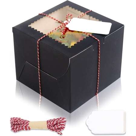 20Pcs Mini Cake Boxes with Window, 6x6x5 Inches Black Bakery Boxes, Small 4 Cupcake Boxes, Cake Packaging for Pastries, Cookies, Chocolates, Cupcakes, Birthday Party, Wedding