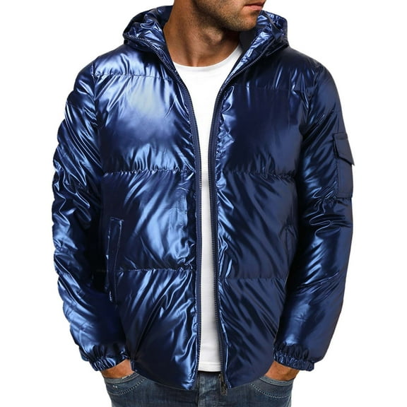 JIKNTTR Men Coats Solid Color Shiny Cotton Coat Trendy Reflective Hooded Padded Coat Classic Stylish Business Overcoat