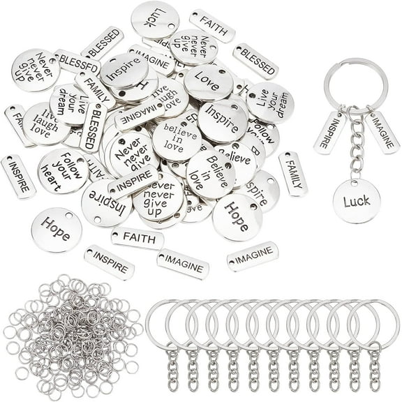 80pcs Word Charms 18 Style Engraved Motivational Charms Hope Pendants Love Charms Good Luck Pendants Inspiartional Beads for Keychain DIY Craft Jewelry Making