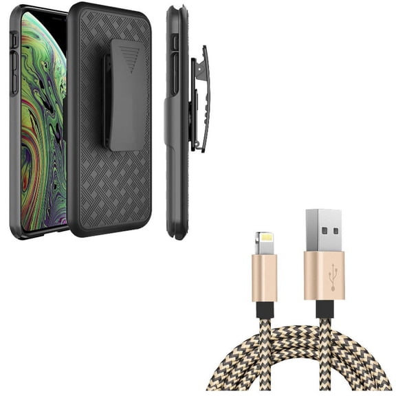 USB Cable w Case Belt Clip for iPhone XS/X - 6ft Charger Cord Power Wire, Holster Swivel Cover Kickstand Armor for iPhone XS/X