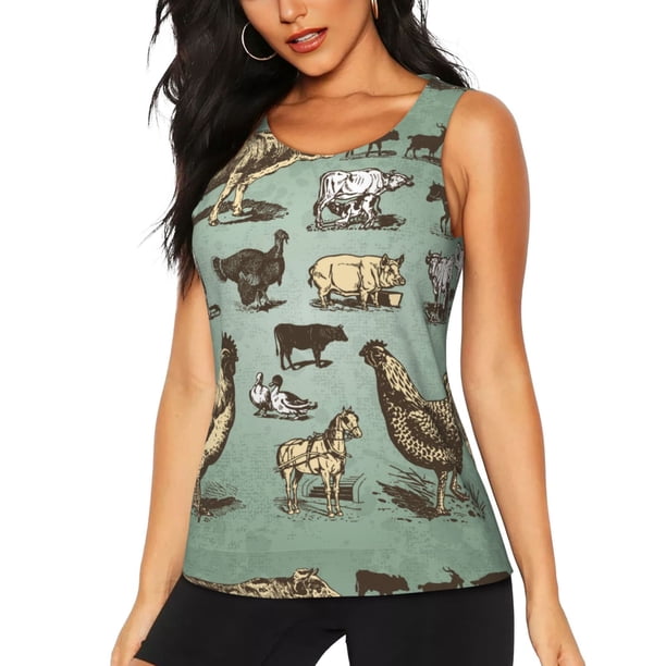 Balery Vintage Farm Animals Camiseta sin mangas estampada ligera para mujer, tops de entrenamiento sin mangas, camisetas de yoga transpirables de secado rápido.-XX-Large