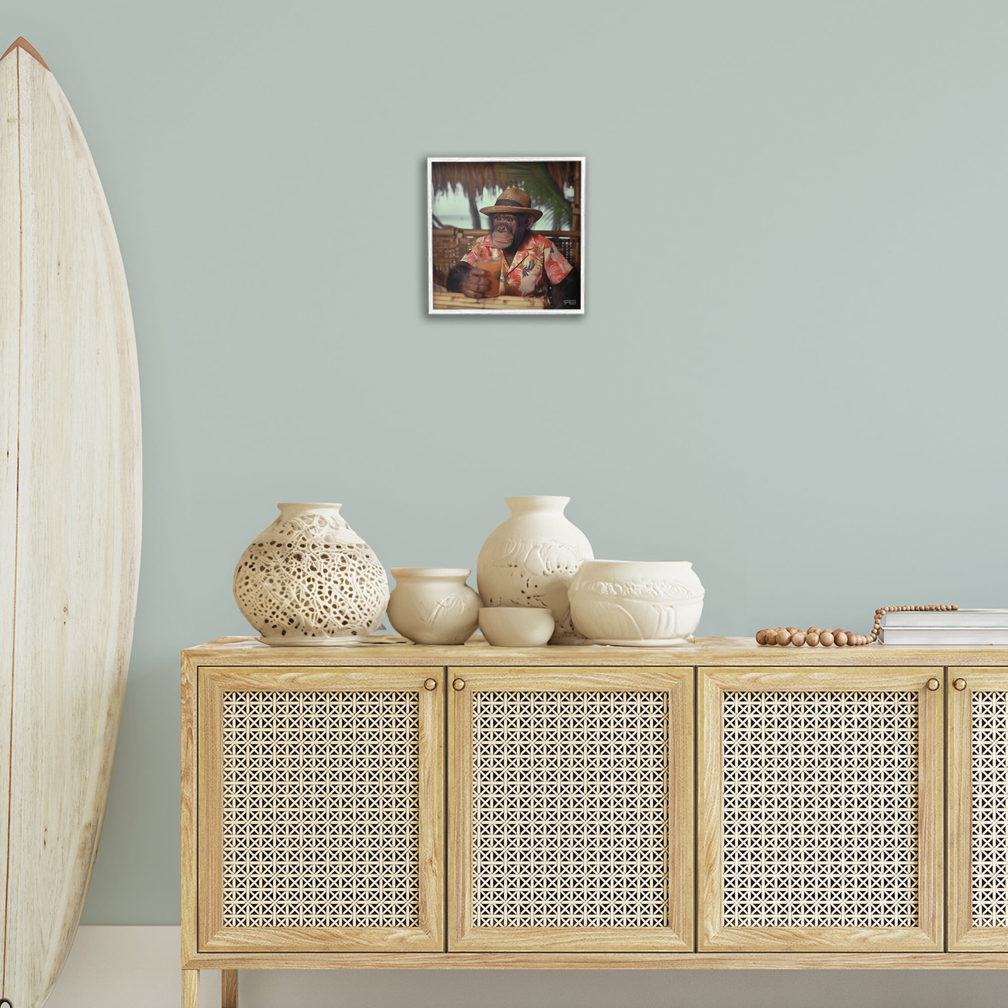 Stupell Industries Tropical Vacation Monkey Novelty Painting White Framed Art Print Wall Art, 12 x 12