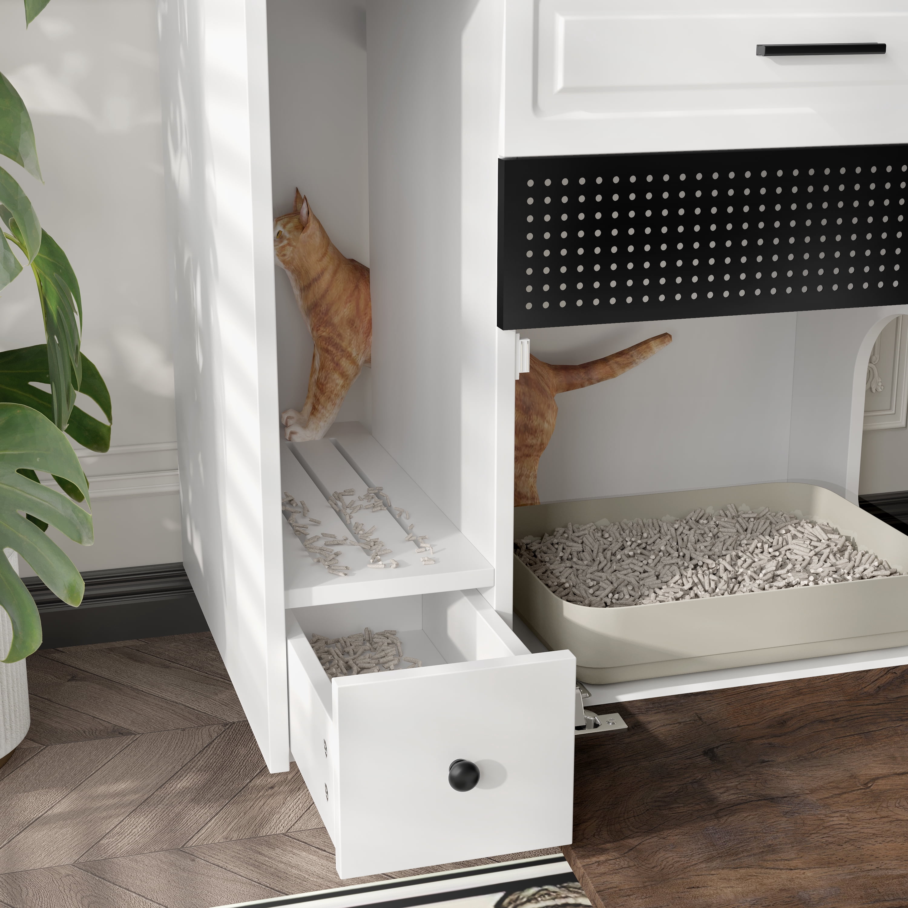 Euroco Multifunctional Cat Litter Box Enclosure Furniture with Storage Drawers, Drop-Down Door & Grooved Grille – Hidden Litter Cabinet for Cats, Side Table Style