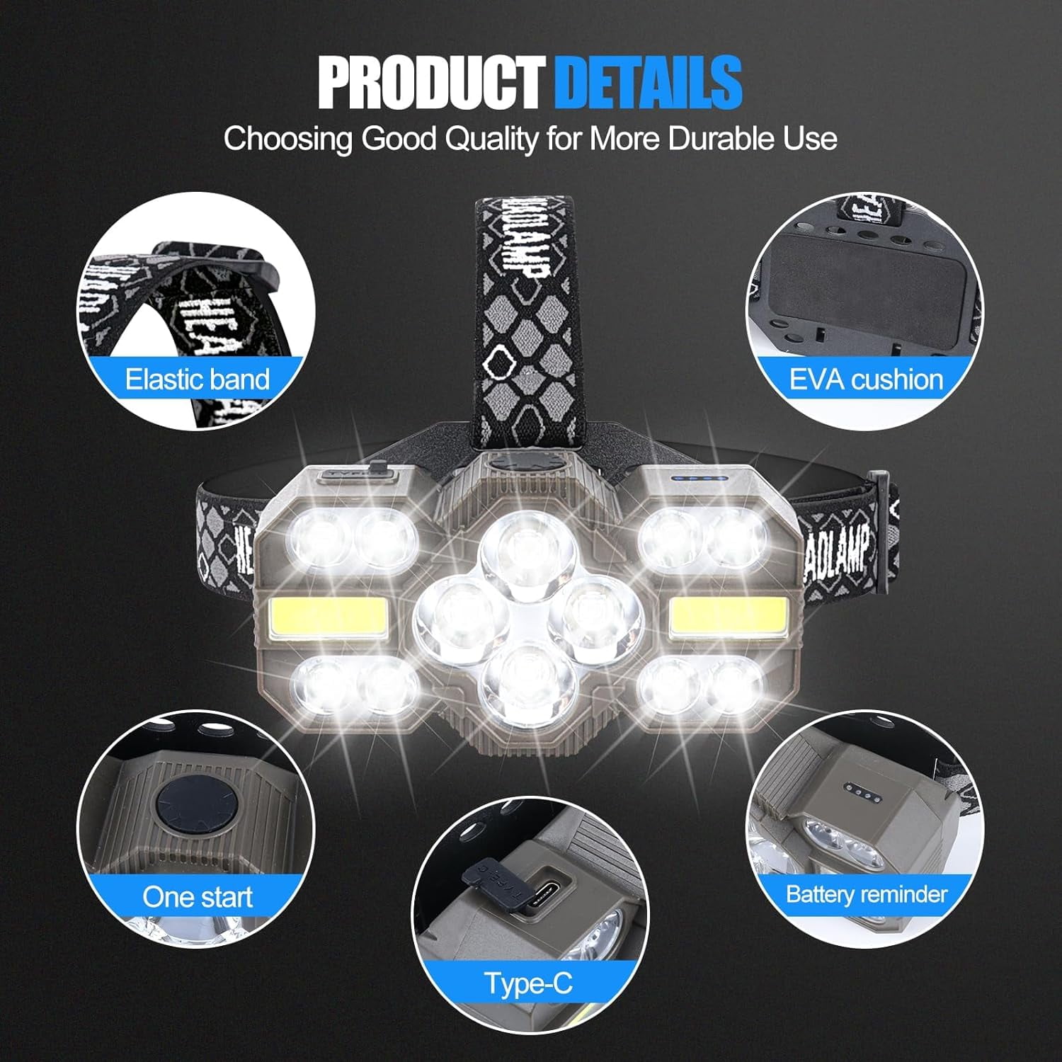 PINSAI Headlamp Rechargeable with LED High Lumen Super Bright, Waterproof Lightweigh 8 Modes Forehead Head Flashlight for Outdoor Running Hiking Camping Gear