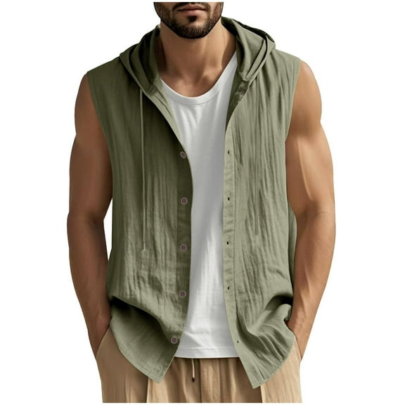 Men’s Summer Linen Shirt Casual Short Sleeved Button Down Shirts Lightweight Cardigan Hooded Outdoor Tops