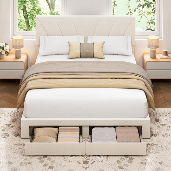 Queen/Full Size Bed Frame with 2 Storage Drawers, Velvet Upholstered Platform Bed Frame with Headboard, Wooden Slats Support, No Box Spring Needed, Easy Assembly