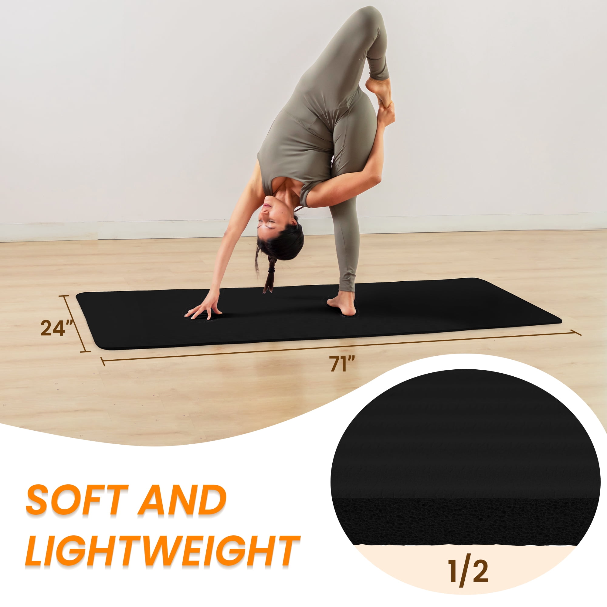 Signature Fitness 1/2-Inch Extra Thick Yoga Mat, 71"x24" Non-Slip Exercise Mat with Carry Strap, High-Density Foam for Home, Gym, and Travel