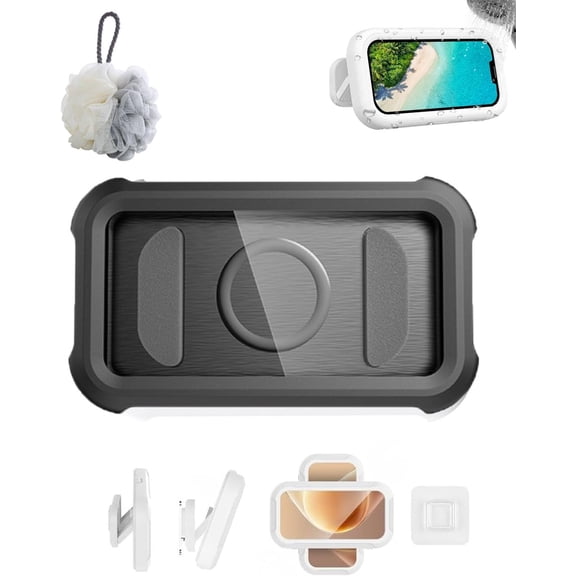 Waterproof 480° Shower Phone Holder – Wall & Bathtub Mount, Wall Mounted Phone Holder 2-in-1 Setup, for Bathroom Mirror Bathtub Kitchen, Gift for Men Women (Black)