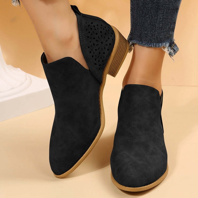 black dress booties low heel Dasayo Pointed Toe Womens Booties Ankle Black Wide Width Low Heel Comfy Faux Leather Dress Boots Woman Shoes 36, Women's