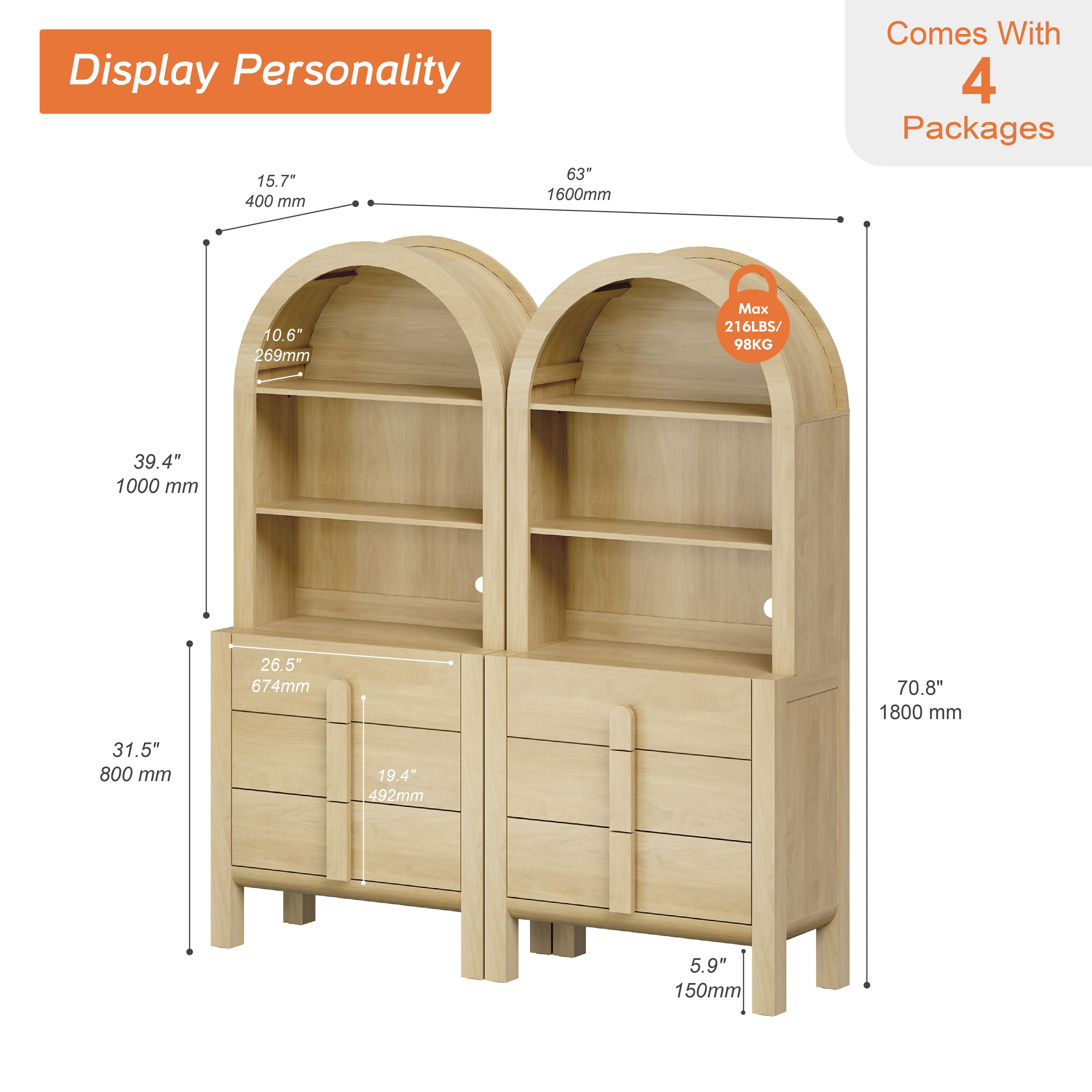 71" Tall Arched Kitchen Pantry Cabinet Set of 2, Wood Bookcase Display Cabinet With Drawers And Open Arched Shelves, Mid-Century Modern Versatile Cupboard For Dining Room, Bedroom