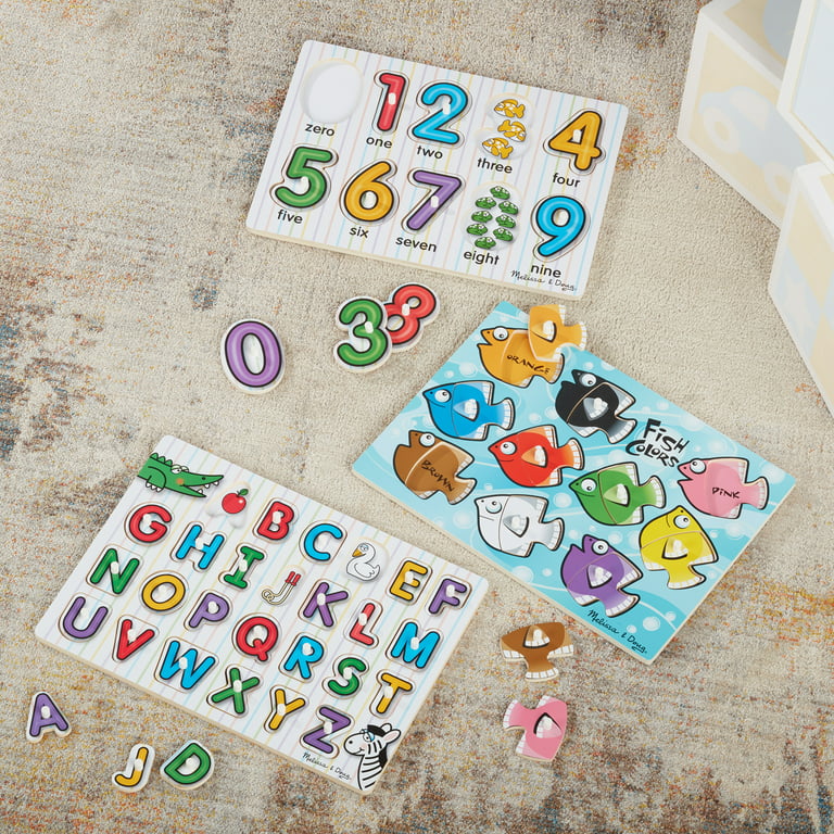 Melissa & Doug Classic Wooden Peg Puzzles (Set of 3) - Numbers, Alphabet,  and Colors