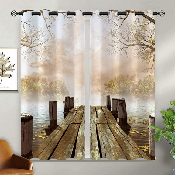 Fall Season Blackout Curtains for Bedroom Living Room Decor Old Wood Jetty Foggy Fores Grommet Thermal Insulated Drapes Darkening Window Curtain for Bedroom Living Room-52"W x 96"L (Pack of 2)