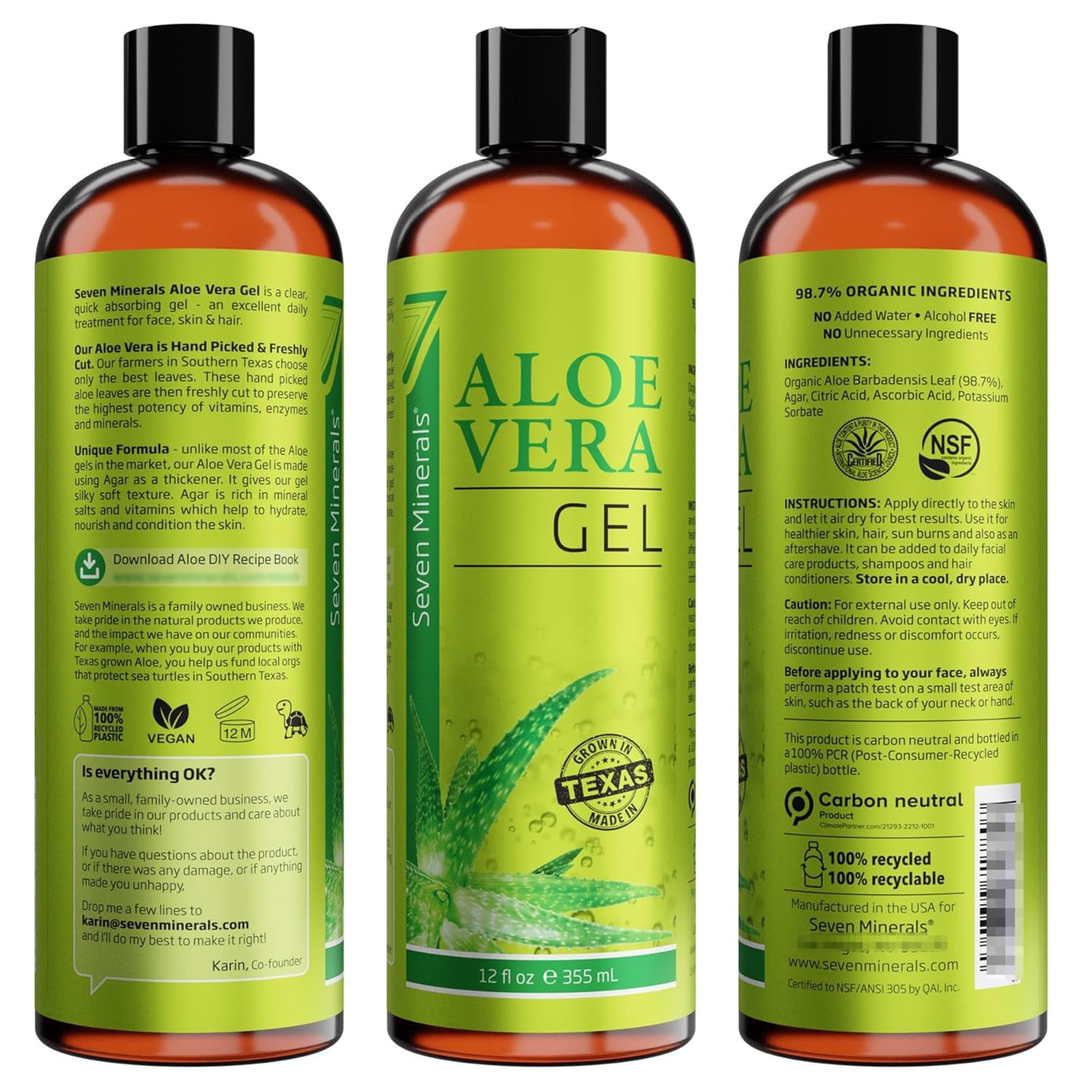 Seven Minerals Organic Aloe Vera Gel, 12 fl oz, Hydrating