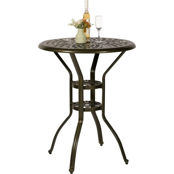 VIVIJASON 30.8" Round Cast Aluminum Patio Bar Table with Umbrella Hole, Antique Bronze