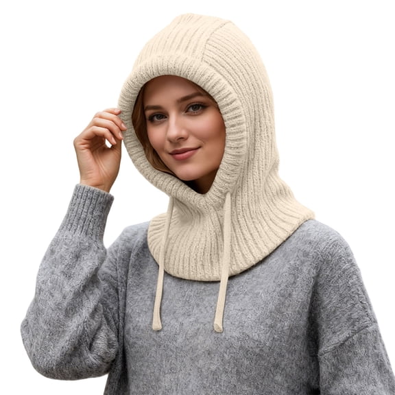 Fgnfyis Winter Thermal Knitted Hat with Face Scarf for Outdoor Sports Cold Weather Windproof Ear Cap Unisex Hats for Women Beige