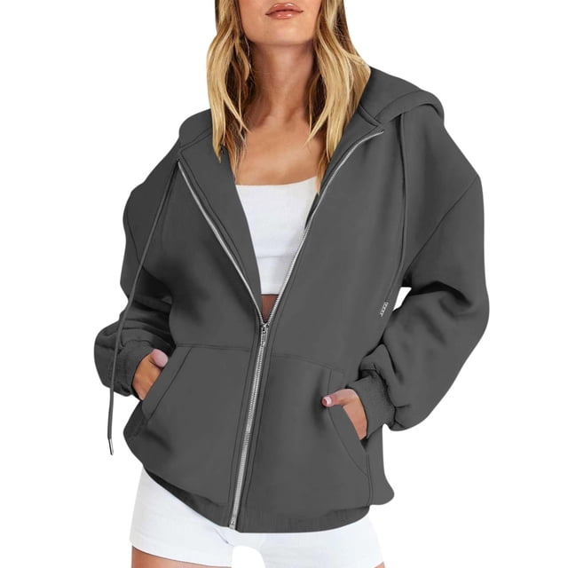sudadera con capucha y cremallera de manga larga de color sólido de moda casual para mujer gris oscuro / 2xl