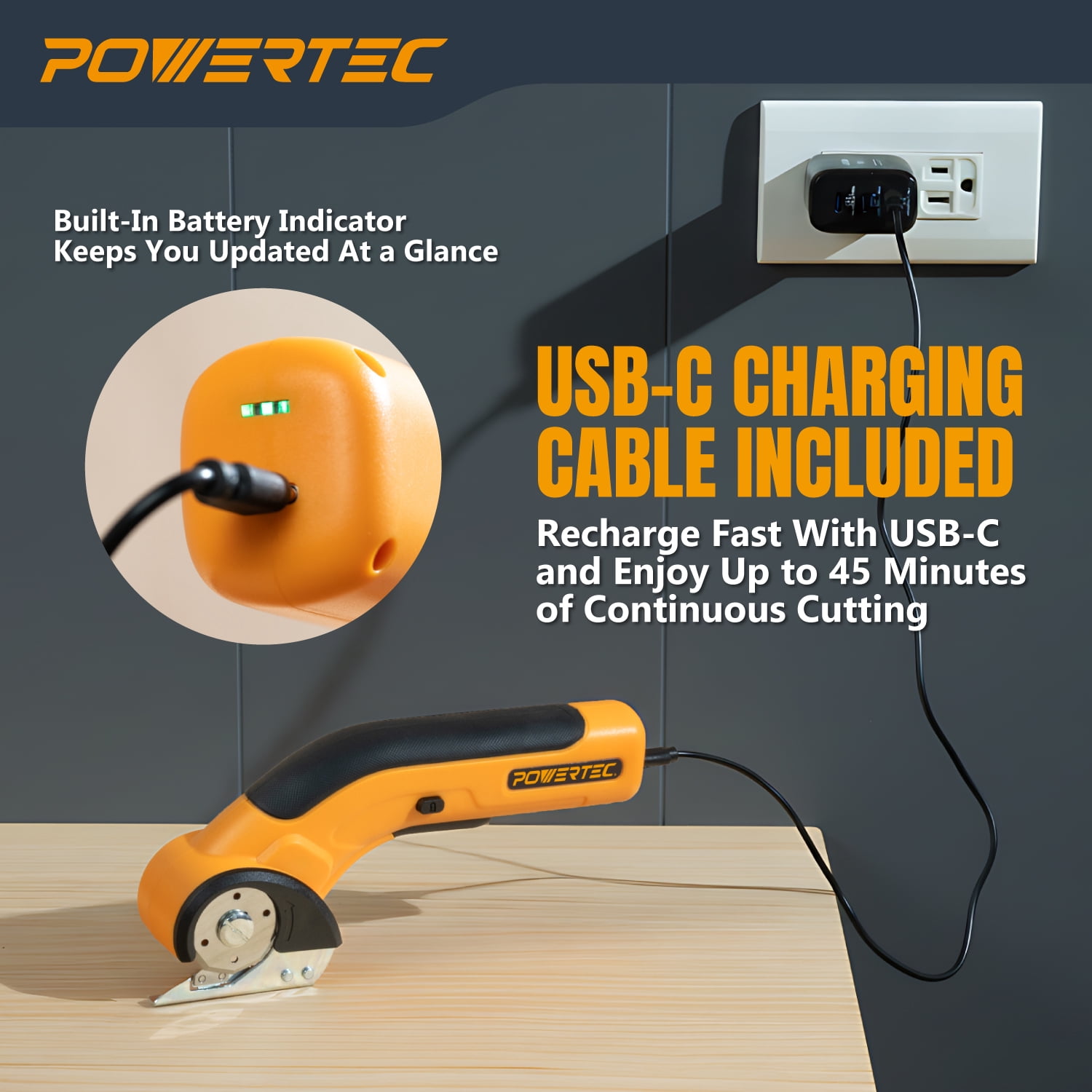POWERTEC Cordless Electric Scissors – 3.6V Rechargeable Fabric, Cardboard & Carpet Cutter with Fast USB-C Charging, Safety Lock, and Extra Blade for DIY, Crafting & Upholstery (ESS3600)