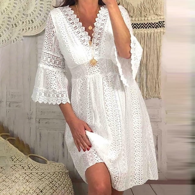 Fankiway Mode Femmes Été Col en V Dentelle Crochet Manches 3/4 Robe Fluide Décontractée Robes Femmes Grande Taille Liquidation Robes d'Été pour Femmes Manches Courtes