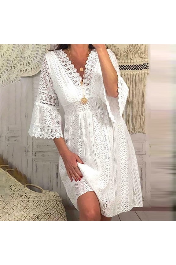 Miss Dress Fall Clearance Fashion Women's Solid Summer V-Neck 3/4 Sleeve Lace CrochetFlowy Casual Dress