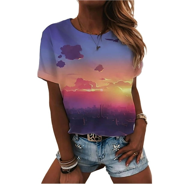 Womens 3D Floral Galaxy Casual Crew Neck Short Sleeve Blouse T-Shirt Summer  Loose Pullover Tops Tee Shirts