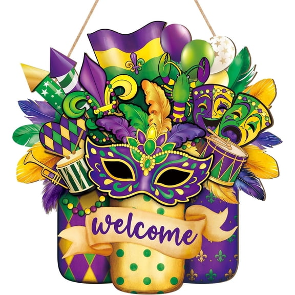 Wooden Mardi Gras Wreath for Front Door Sign Mason Jar Carnival Welcome Door Decoration, Orleans Crafts for Wall Outdoor Indoor Holiday Party Decor Masquerade Hanger