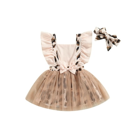

Vigorbear Toddler Girls Summer Casual Princess Dress Flying Sleeve Leopard Print Patchwork Dress with Headband