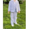 thumbnail image 6 of ETHAN 2 PCS Boys Striped Suit Boys Seersucker Suit Beach Wedding Tuxedos for Kids Boys Summer Suit Blazer and Shorts Blue Size 4, 6 of 7