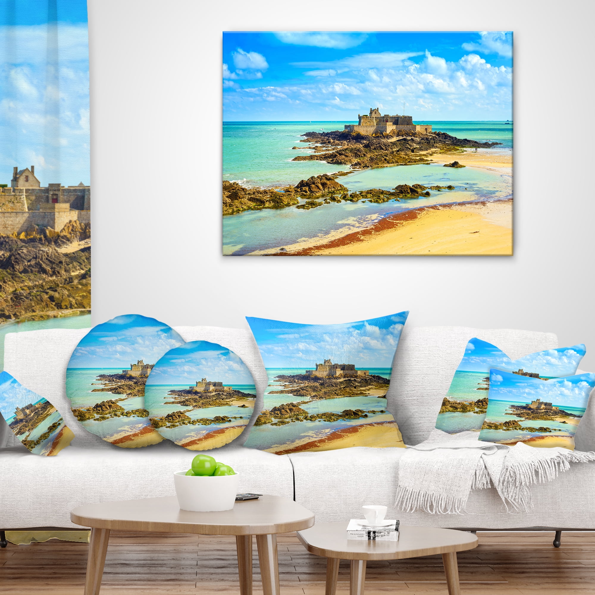 Designart Saint Malo Fort National Beach - Seascape Throw Pillow - 12x20