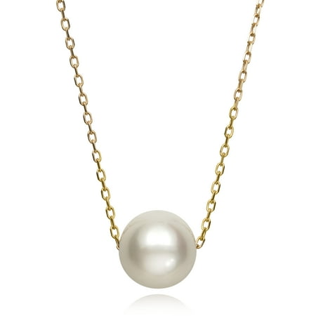 Single Floating Cultured White Freshwater Pearl 14K Yellow Gold Chain Necklace, 18