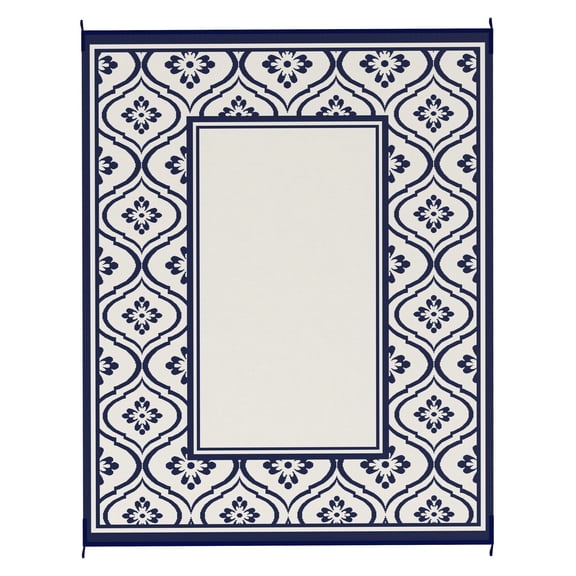 Outdoor Rug 8x10 Reversible, Waterproof Plastic Straw Mat with Bag - Blue & White Gourd Border - Camping, RV, Patio, Beach Rug