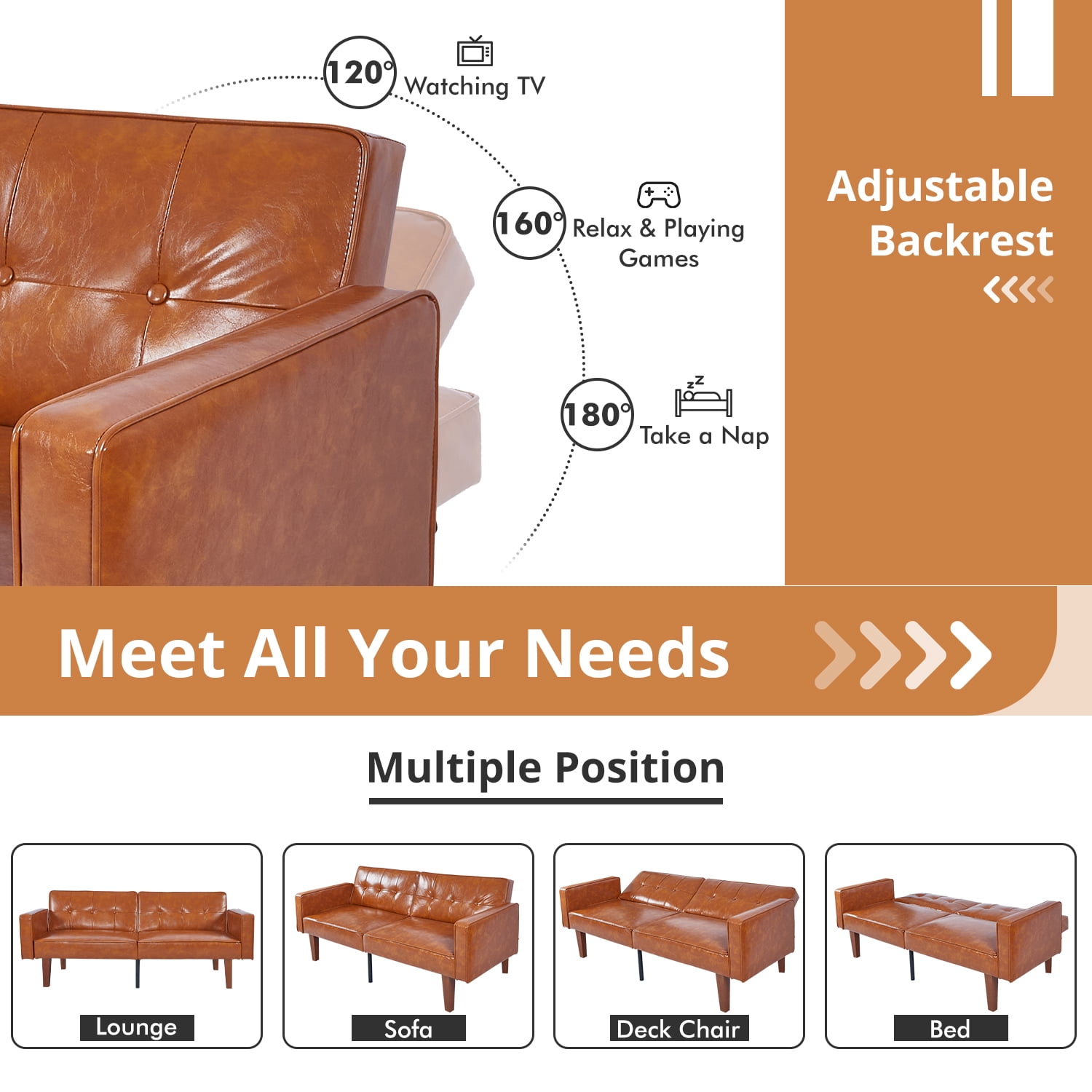 Loveseat Sofa, 68" Faux leather Futon Sofa Bed, Upholstered Convertible Sofa with Reclining Backrest