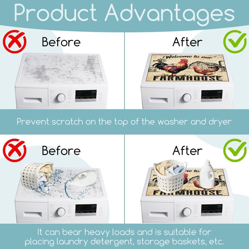 Retro Farm Rooster Laundry Room Washer Dryer Dust Cover Mat 23.6x19.7inch Welcome Cock Washing Machine Top Protector Pads Vintage