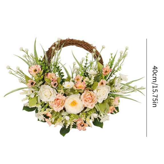 Artificial Rose Flower Wreath - Door Wreath 18 Inch Fake Rose Spring Wreath for Front Door, Wall, Wedding, Home Décor (White)
