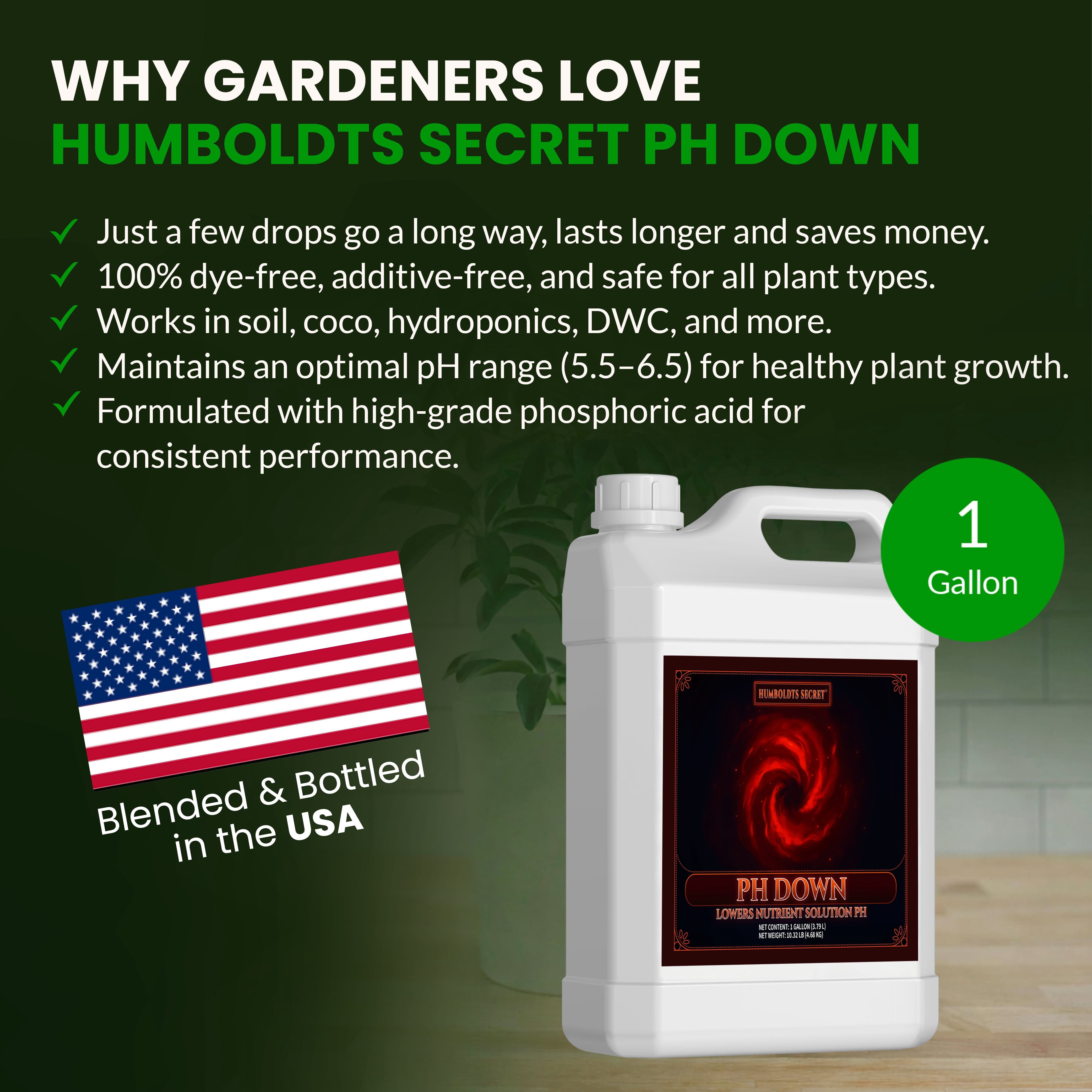 Humboldts Secret pH Down for Plants | Liquid pH Adjuster and Balancer for Soil Coco Hydroponics | Concentrated Phosphoric Acid Solution Supporting Nutrient Uptake and Strong Growth | 1 Gallon