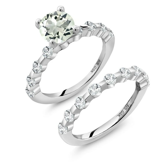 Gem Stone King 925 Sterling Silver Green Prasiolite and White Topaz Wedding Engagement Ring Band Bridal Set for Women (2.46 Cttw, Gemstone, Round 7MM, Size 6)
