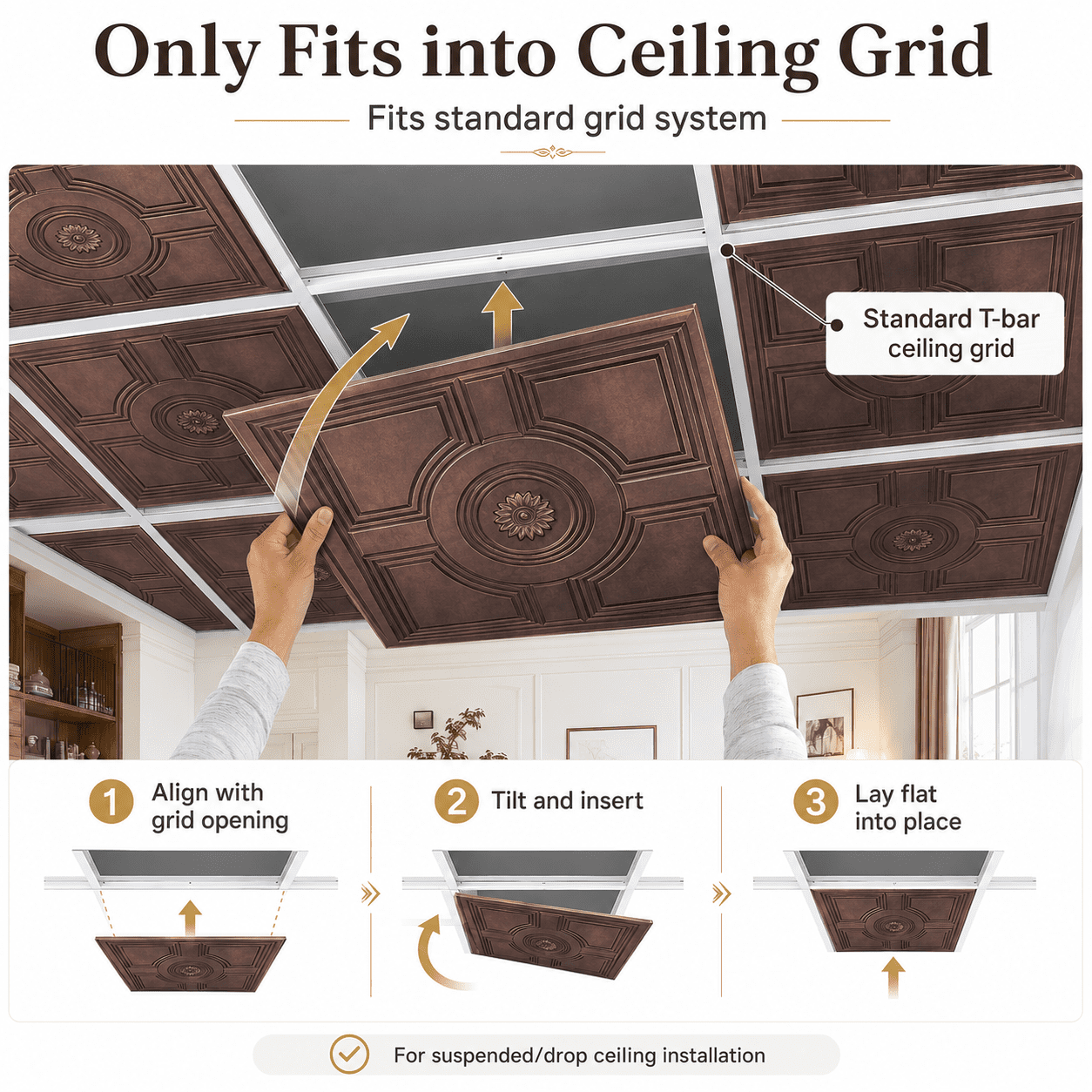 Yeslife 12-Pack Decorative Tiles, 2 x 2 ft, Antique Copper Embossed, Waterproof Drop-in Panels for Ceiling, 48 sq ft