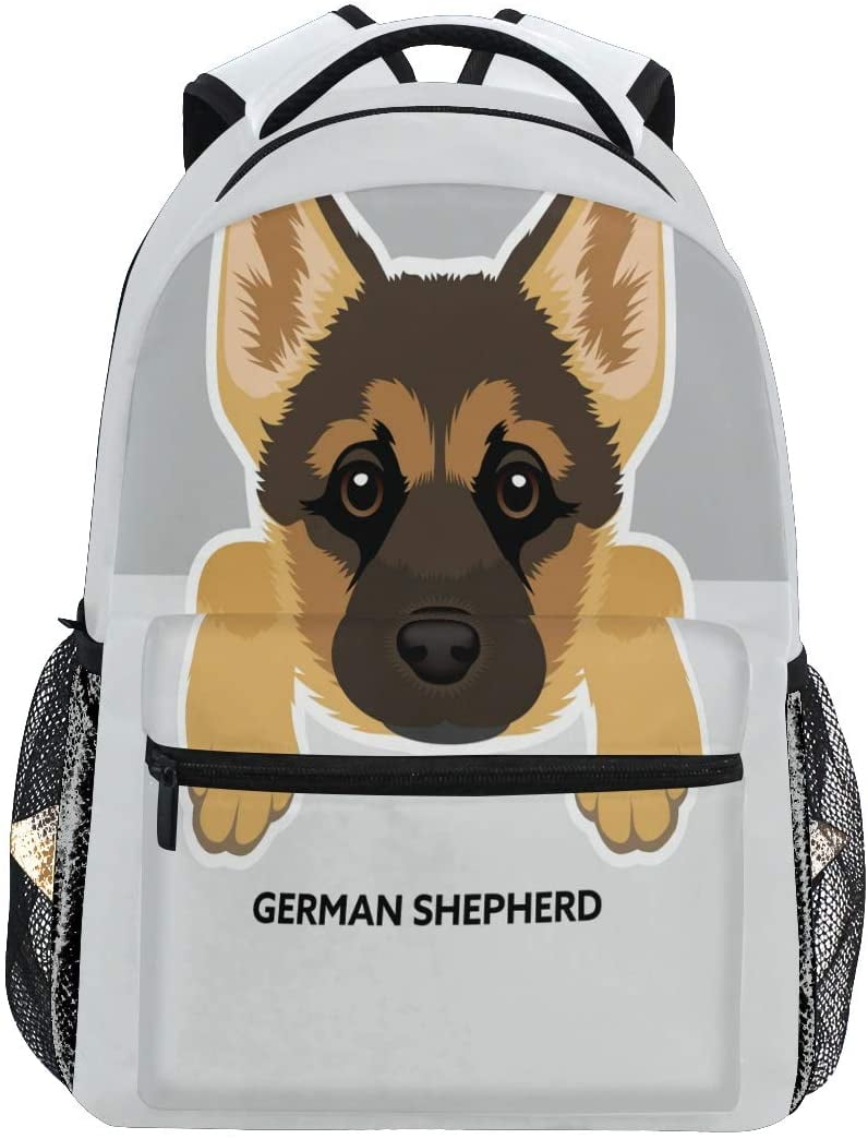 german shepherd in backpack