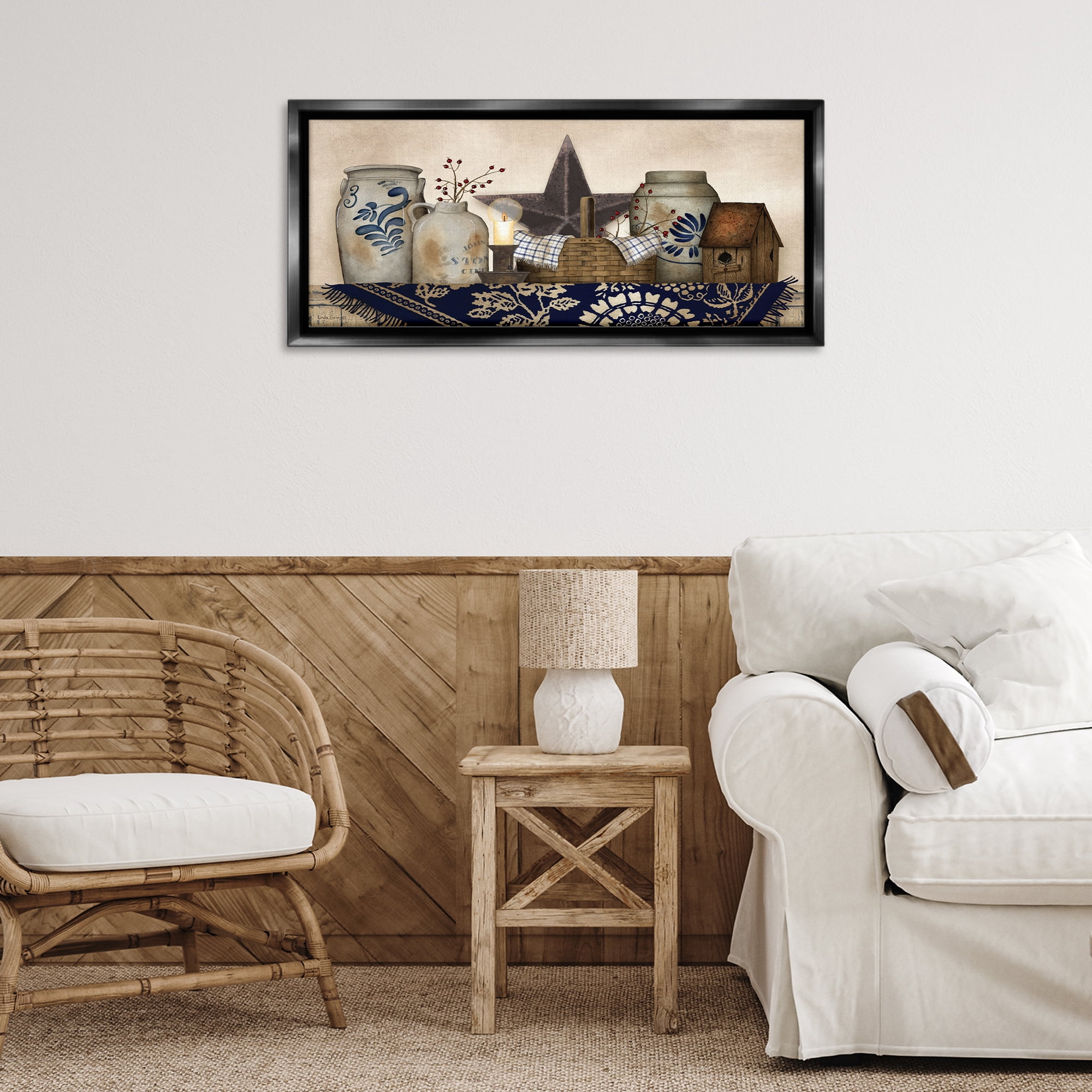 Stupell Industries Rustic Pottery Jars Botanical & Floral Painting Black Floater Framed Canvas Art Print Wall Art, 31 x 14
