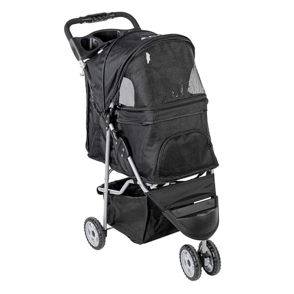 Black 3 Wheel Pet Stroller for Cat, Dog and More, Foldable Strolling Cart, STROLR-V003K