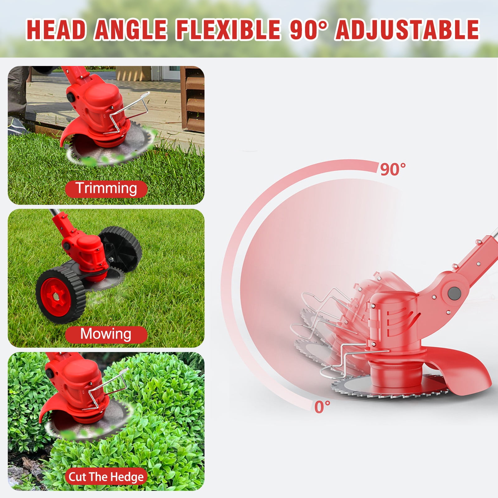 GiftGalore 24V Cordless String Trimmer, 2-in-1 Weed Wacker & Brush Cutter with 2×1300mAh Batteries & Charger, Telescopic Handle with 90° Rotating Head, Wheels & Goggles Included, Red