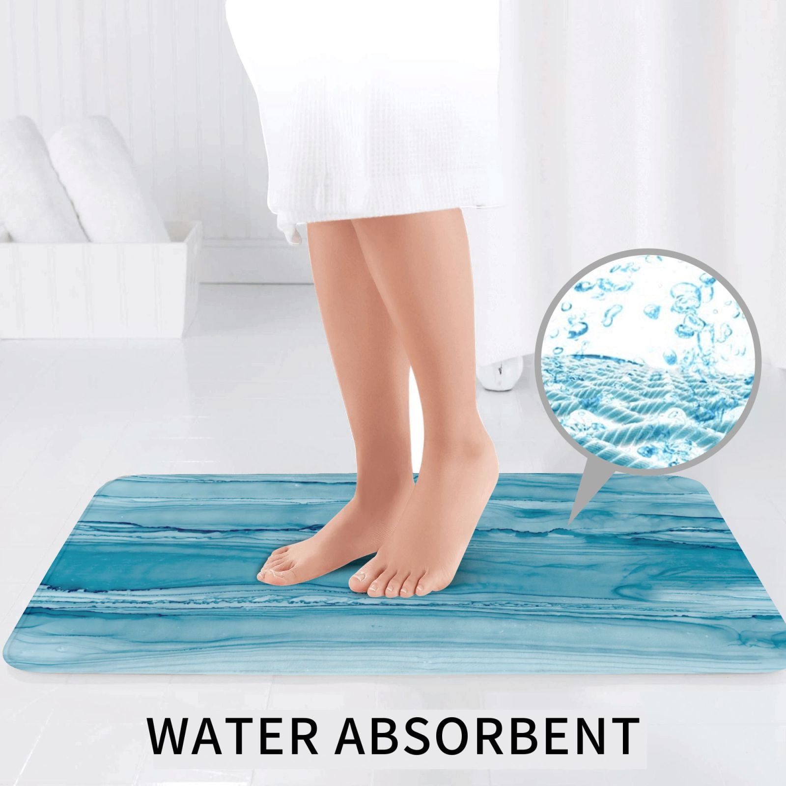 Bathroom Rugs Sets 3 Piece - Teal Turquoise Fluid Stripes Absorbent Non Slip Bath Mats, U-Shape Toilet Lid Cover, Contour Mat, Soft Washable Shower Mats Bath Rug Mat for Bathroom Tub Toilet