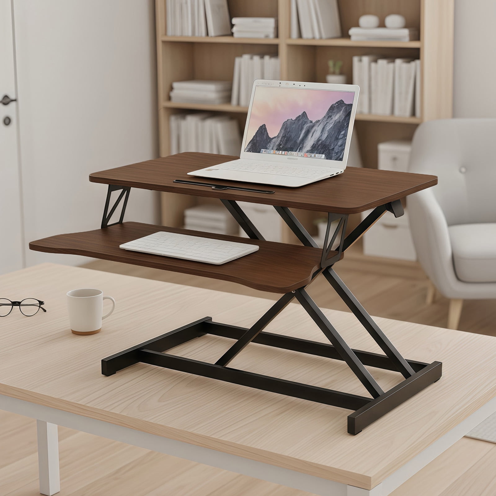 Height Adjustable 32 Inch Wide Stand Up Desk Converter, Laptop Sit Stand Desk Riser for Table Tops and Home Office with Keyboard Tray, Walnut