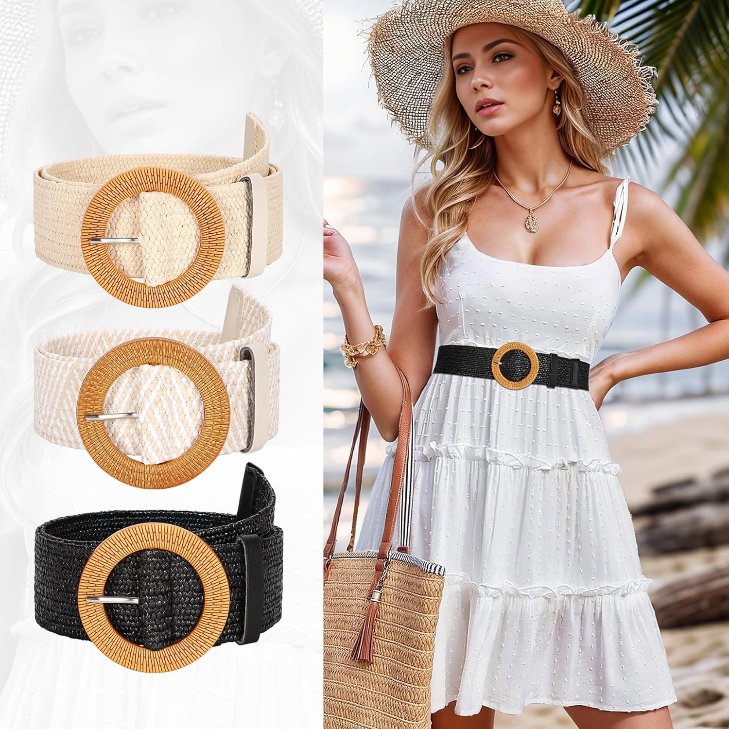 3 Pack Women Straw Woven Elastic Belts Wide Stretch Raffia 