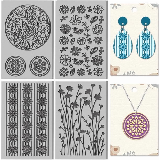 4 hojas de 4 estilos de flores, tapete de textura de arcilla polimérica con margaritas silvestres, herramientas de bricolaje para hacer aretes y joyas, 4 x 2,6 pulgadas
