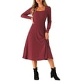 thumbnail image 2 of INSPIRE CHIC Women's Knit Sweater Dress Square Neck Button Decor Flared Midi Dresses with Pockets XS Burgundy, 2 of 6